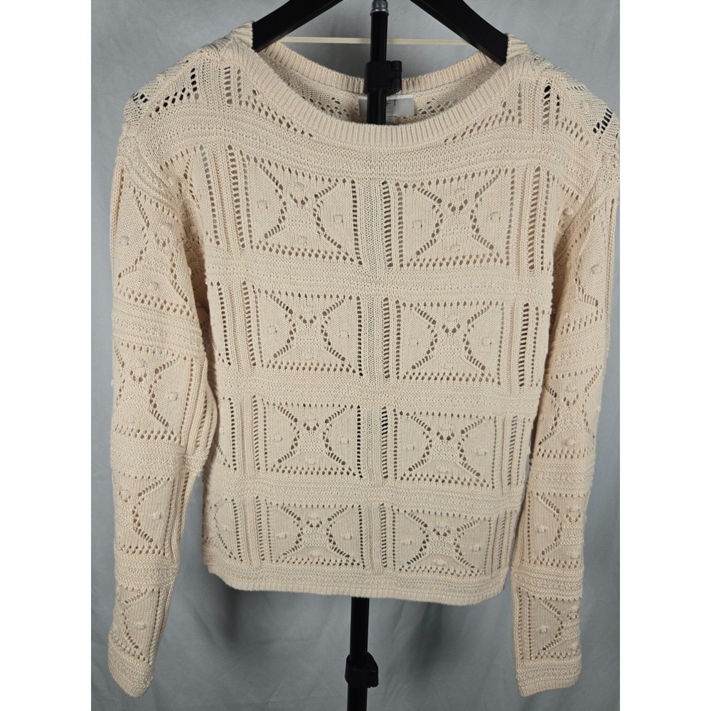 Ann Taylor Loft Knit Crop Sweater Women's Medium Cream 100% Cotton Long Sleeve